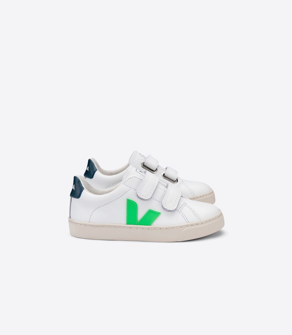 Tenis Veja Niños - Esplar Velcro Cuero - Blancos/Verdes - 047VCNTAQ